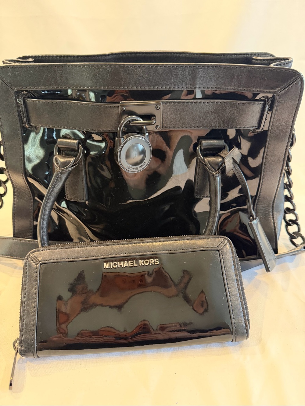 Michael Kors Black Patent Leather Tote with Matching Wallet